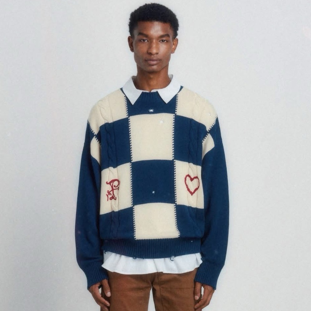 Men's Blue and Cream Crewneck Sweater